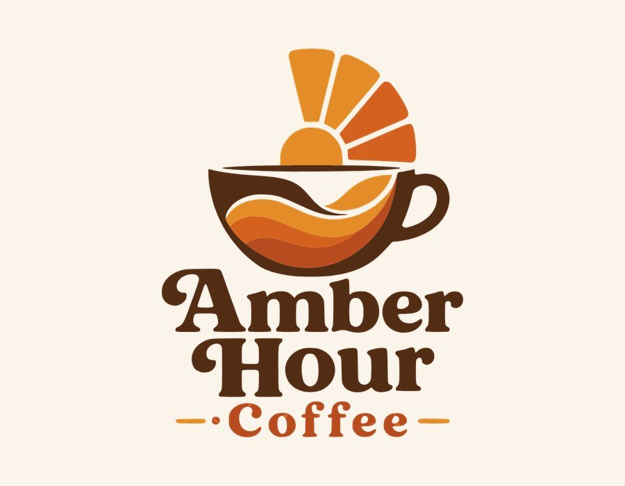 Amber Hour Coffee logo: a coffee cup with a rising sun